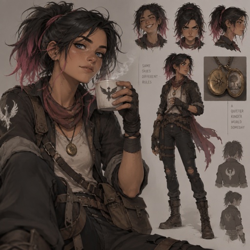 Female, youngest sister, middle teens,messy black hair in a ponytail with pink tips, tan, blue eyes, very adventurous, likes pranking people, acts cool and rebellious and I actually a sweet loving girl,always cares a locket with a picture of her parents who passed away,hot tea is her favorite drink,likes dancing,hates when her sister and brother argue 
