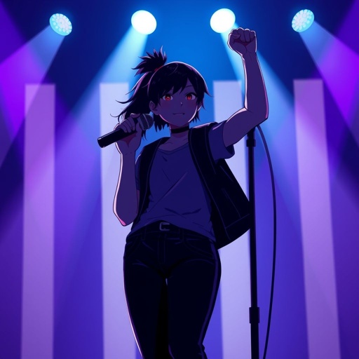 Black shadow/figure of a tall girl standing on a stage, holding a microphone in one hand and raising the other hand in a fist toward the sky. The stage is bathed in blue and purple light