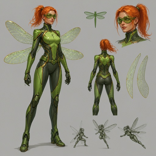 Female superhero with a suit that has dragonfly powers, goggles, orange hair ponytail, green