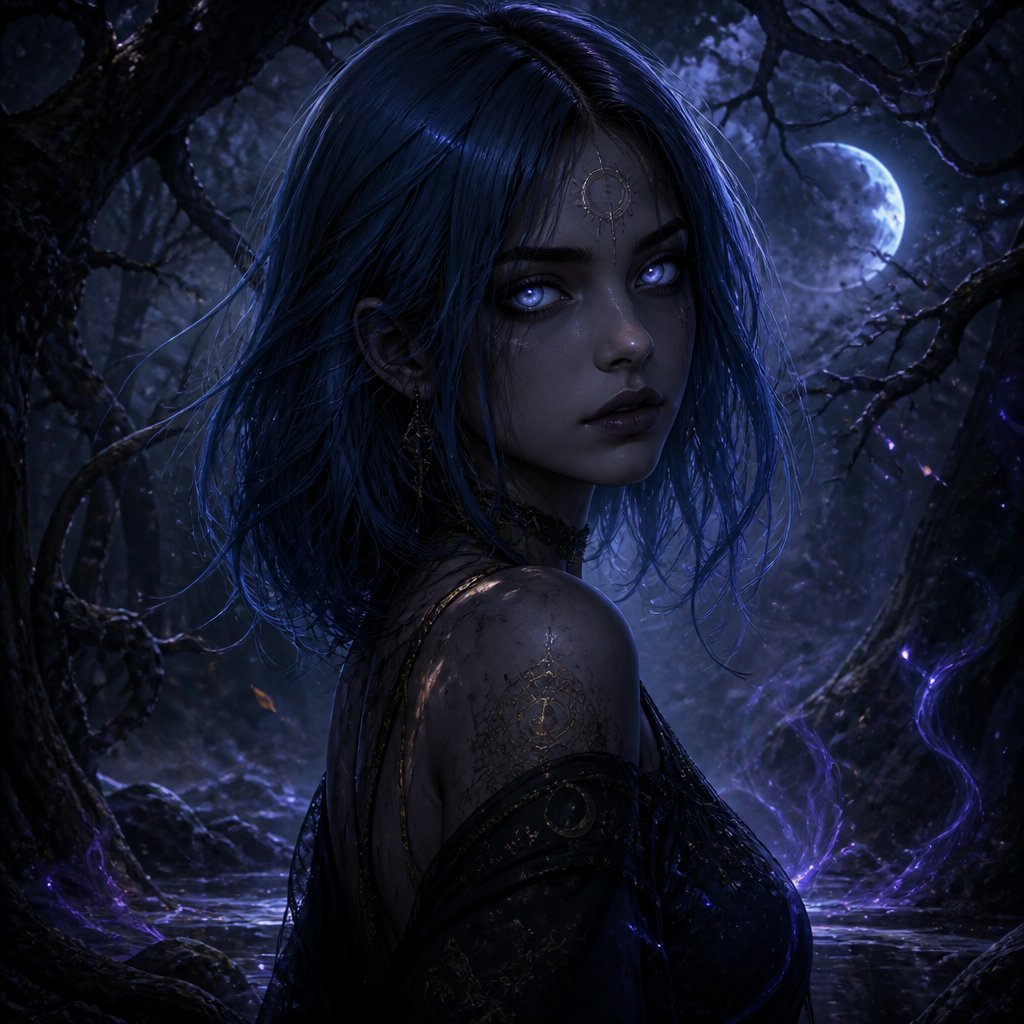 pretty girl long bob blue hair moon eyes