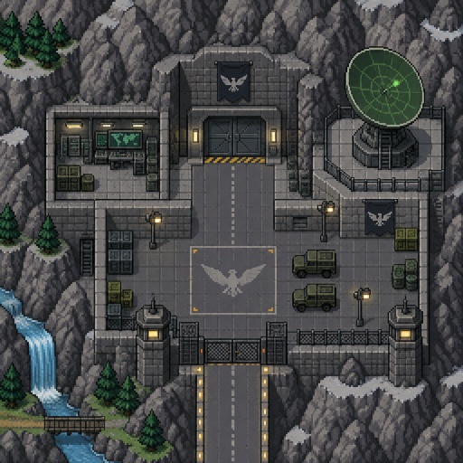 Exterior Spy facility on the side of a mountain for a fantasy game set in modern times, top-down style