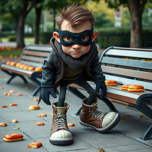 Create a funny looking clumsy thief with funny shoes on. Make him have on the bandit black thing around his eyes. And wanted for stealing sandwiches 