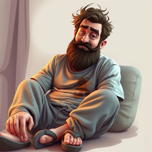 Create mid 30 character  who is lazy as heck. And you could tell from his face and his entire outfit. Make is funny and the style of the graphic photographic 