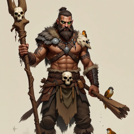 Kael the Beastbound – A rugged, broad-shouldered man with brown skin and a rough beard, wearing armor made from bone and leather. deep green eyes tattoos of animal tracks spiral down his arms. He carries a massive wooden staff carved with the shapes of beasts, and small creatures often perch on his shoulders or follow at his feet.