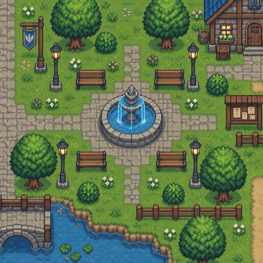 Village cozy park/playground for a modern fantasy game, exterior, top down style
