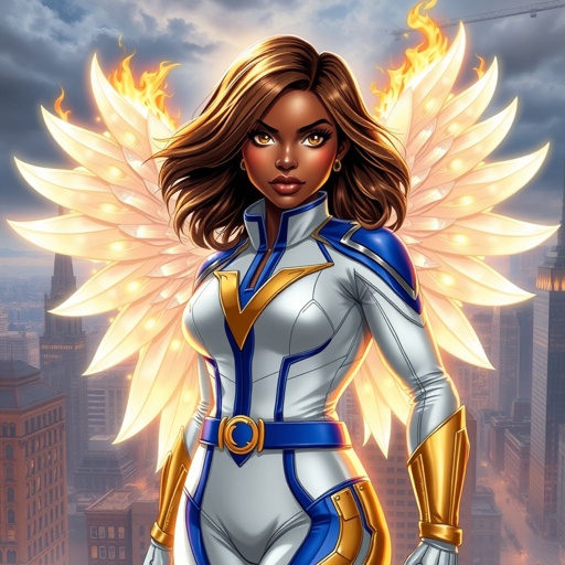 A teenage African American female superhero with brown hair with gold highlights in a shoulder length side part hairstyle with pure Gold Glowing eyes wearing a white suit with gold and royal blue with white pants and gold and white knee length boots with a utility belt with a gold V as her chest emblem with glowing wings made of white fire in Philadelphia