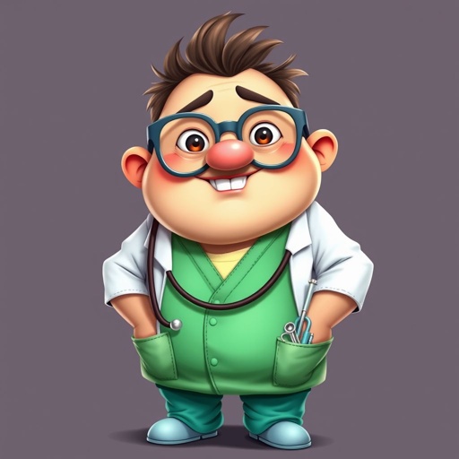 create a fat doctor. Who is funny human looking from head to toe. And he always immediately results to surgery for anything even small things. So please be sure to show his whole outfit head to toe. Make him have 1 tooth