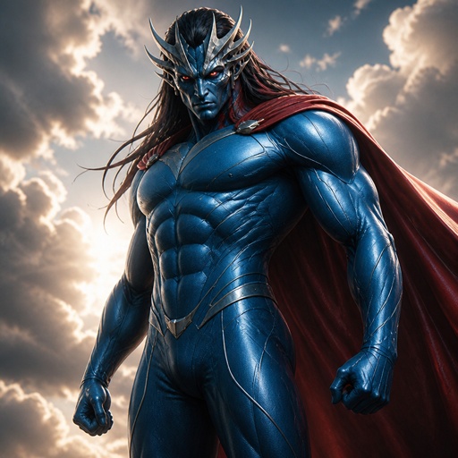 a man in a blue suit with a red cape