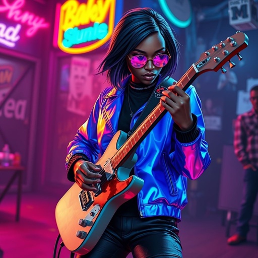 African American female cyberpunk with shoulder length hair in a layered side part style wearing a black shirt and a glowing blue jacket rose gold and purple shades and black jeans with black boots playing a Flying V electric guitar in a club