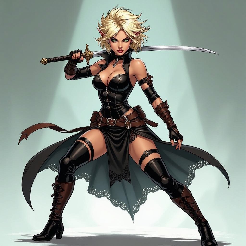Blonde pixie cut Female High Elf Rogue Assassin in Black and Brown Shear Lace & Leathers and Skirt full body