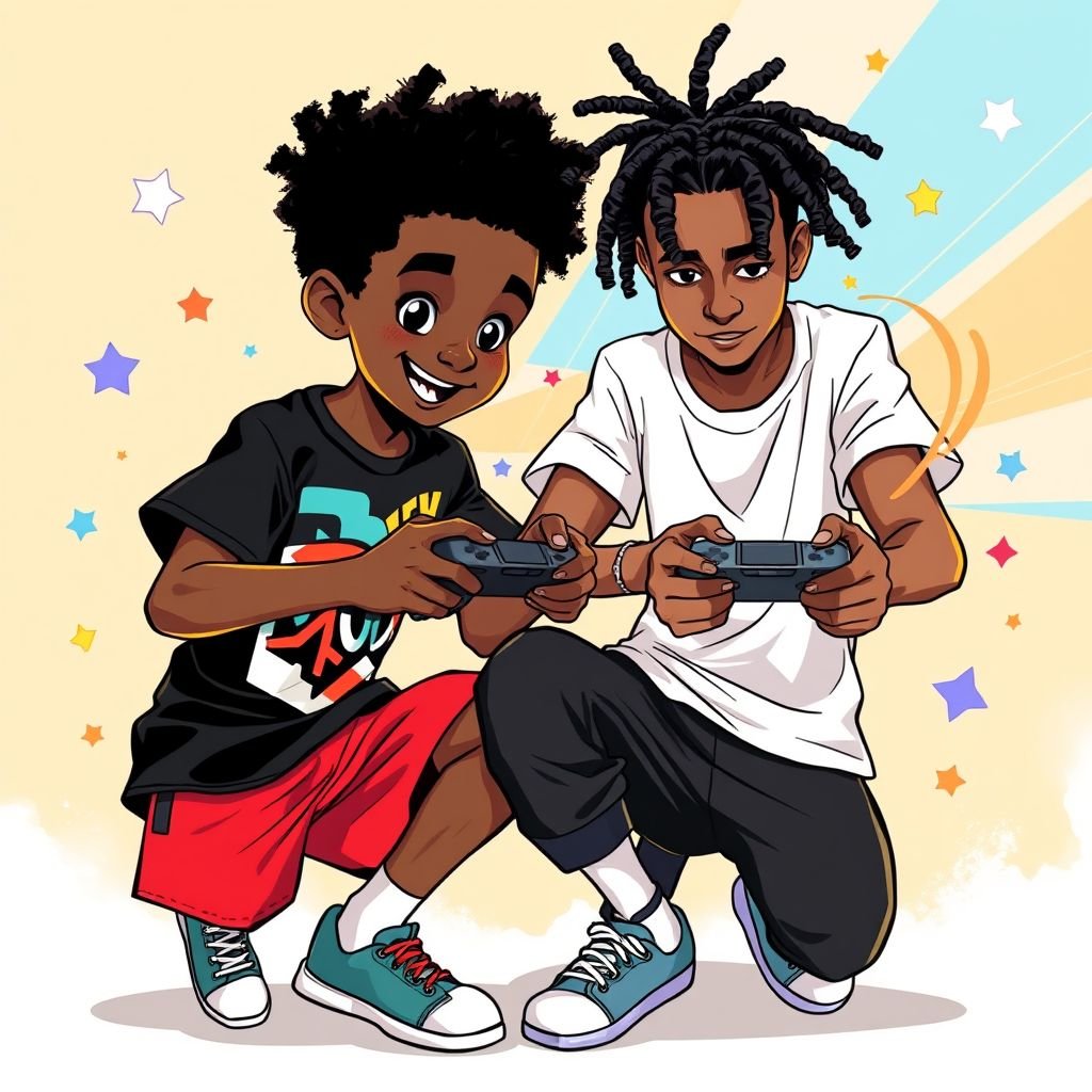 Young 12 year old dark skin boy with a mini Afro with black T shirt on with red shorts sitting next to a 19 year old boy with white T-shirt on and a black pat of pans and white socks on with black mini dreads holding controller