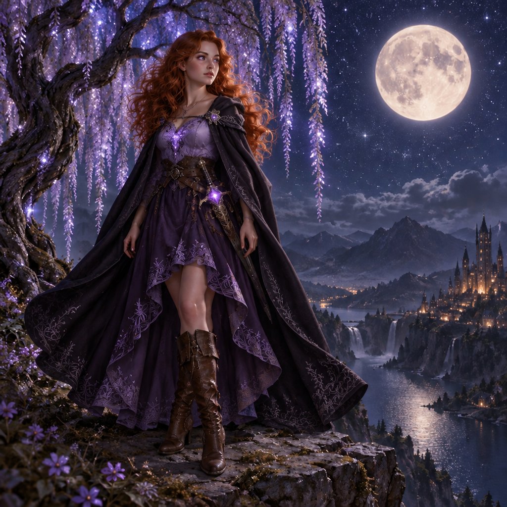 a woman in a purple dress standing on a cliff
