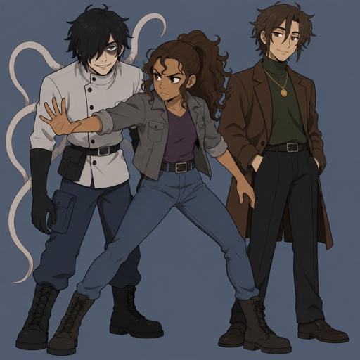 Male, black messy greasy hair, thin shoulder length hair in the back, long hair in the front covering one eye, blue eyes, eye bags, veins under eyes, pale tendrils coming out of back with veins, blue pants, boots, black rubber gloves, short scientist jacket buttoned up, belt with pouch, evil smile, Female, tan skin, brown eyes, pointy nose, curly ponytail, curl in the middle of her forehead, grey jacket rolled up sleeves, jeans, boots, purple shirt, death touch, protecting Male, brushed back slightly messy brown hair, two hair strands in face, brown eyes, brown nice jacket, green turtleneck, gold necklace, black pants, nice shoes,