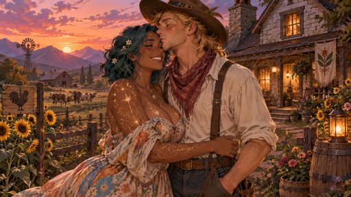 Vivid animated fantasy D&D concept art of a man playfully kissing a woman on the forehead in a flowering farm field in front of a farmhouse at dusk. the woman is tall, toned, curvy, and gentle with wavy bobbed teal hair, dark tan skin, freckles, a straight nose, brown eyes, and all encompassing glittering constellation tattoos, wearing a soft colorful flowy country dress. she giggles and hugs her friend. the man is tall, gentle, and sweet with a blonde messy mullet, soft green eyes and freckles, wearing a cowboy hat and vibrant farm clothes.