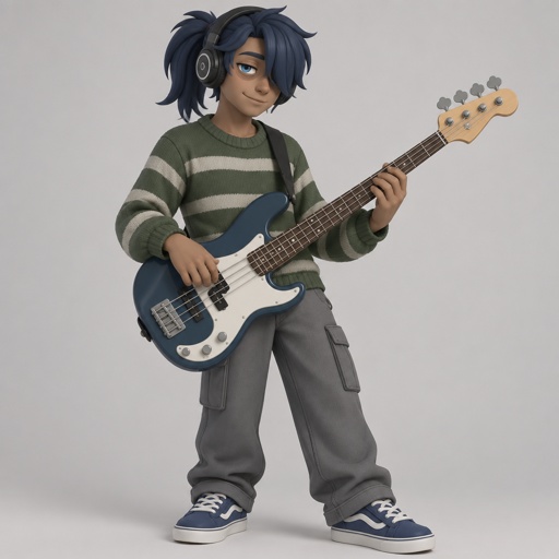 male dark blue ponytail, hair cover one eye, tan, eye bags, blue eyes, headphones, green striped sweater, grey pants, blue sneakers, playing bass, smiling