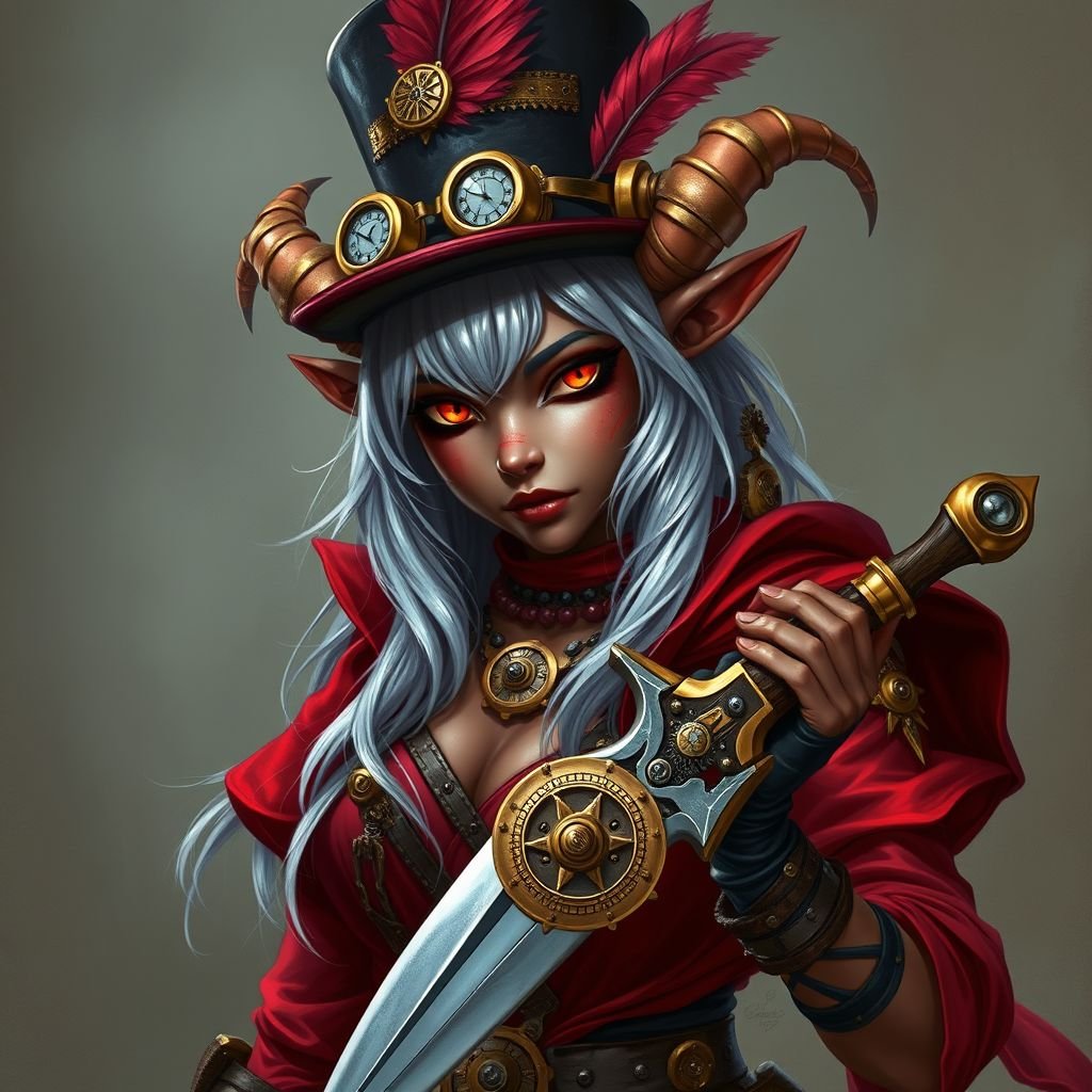Dungeons and dragons female tiefling rogue. Silver hair, bronze skin, red clothing. Small horns