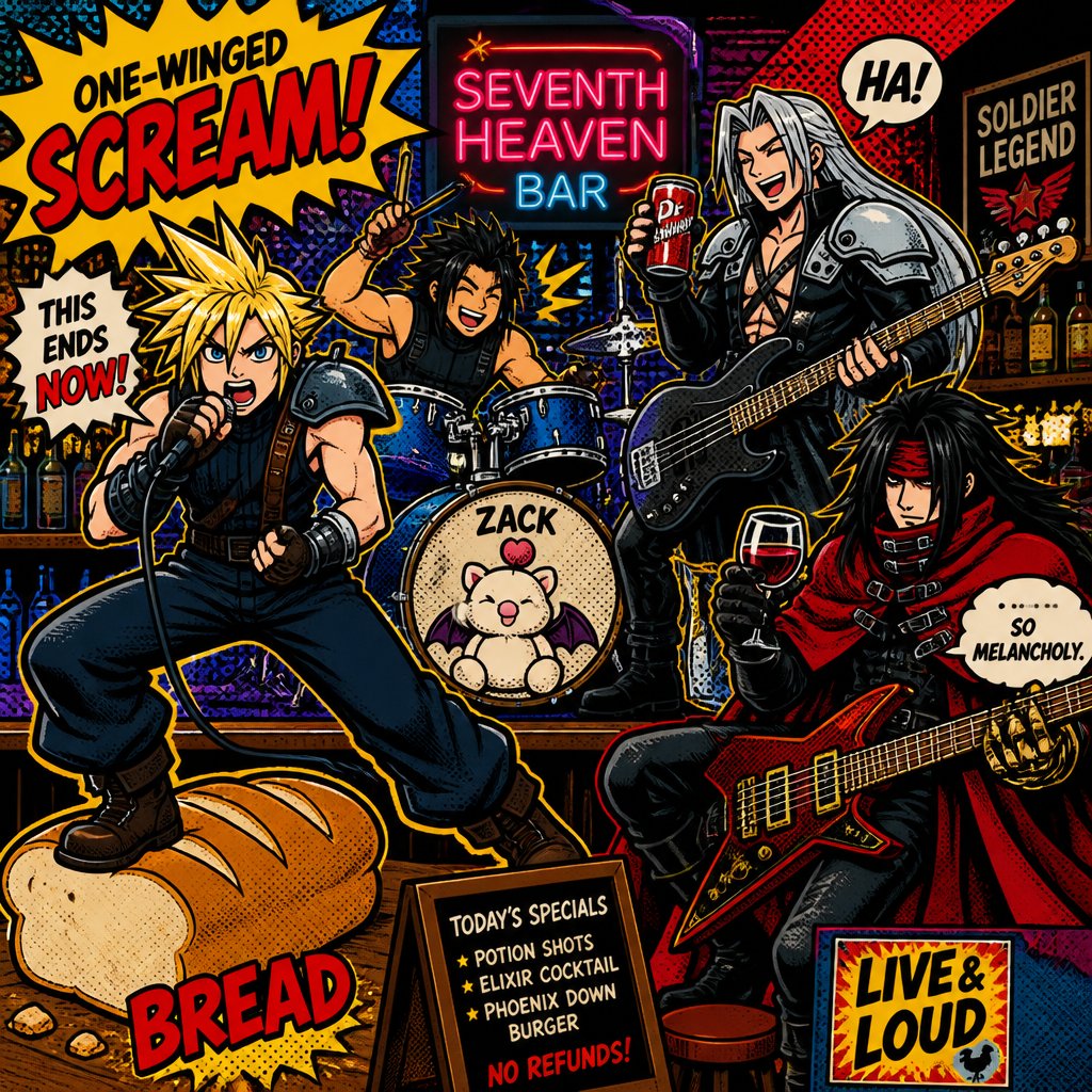 Cloud Zack Sephiroth and Vincent from ff7 cloud with singing heavy metal very aggressively while on the with bread and holding the microphone and Zack aggressively playing drums being cute with a stuffed toy Sephiroth aggressively playing base and laughing while drinking soda and Vince aggressively playing the guitar and holding wine on a stage in a bar
