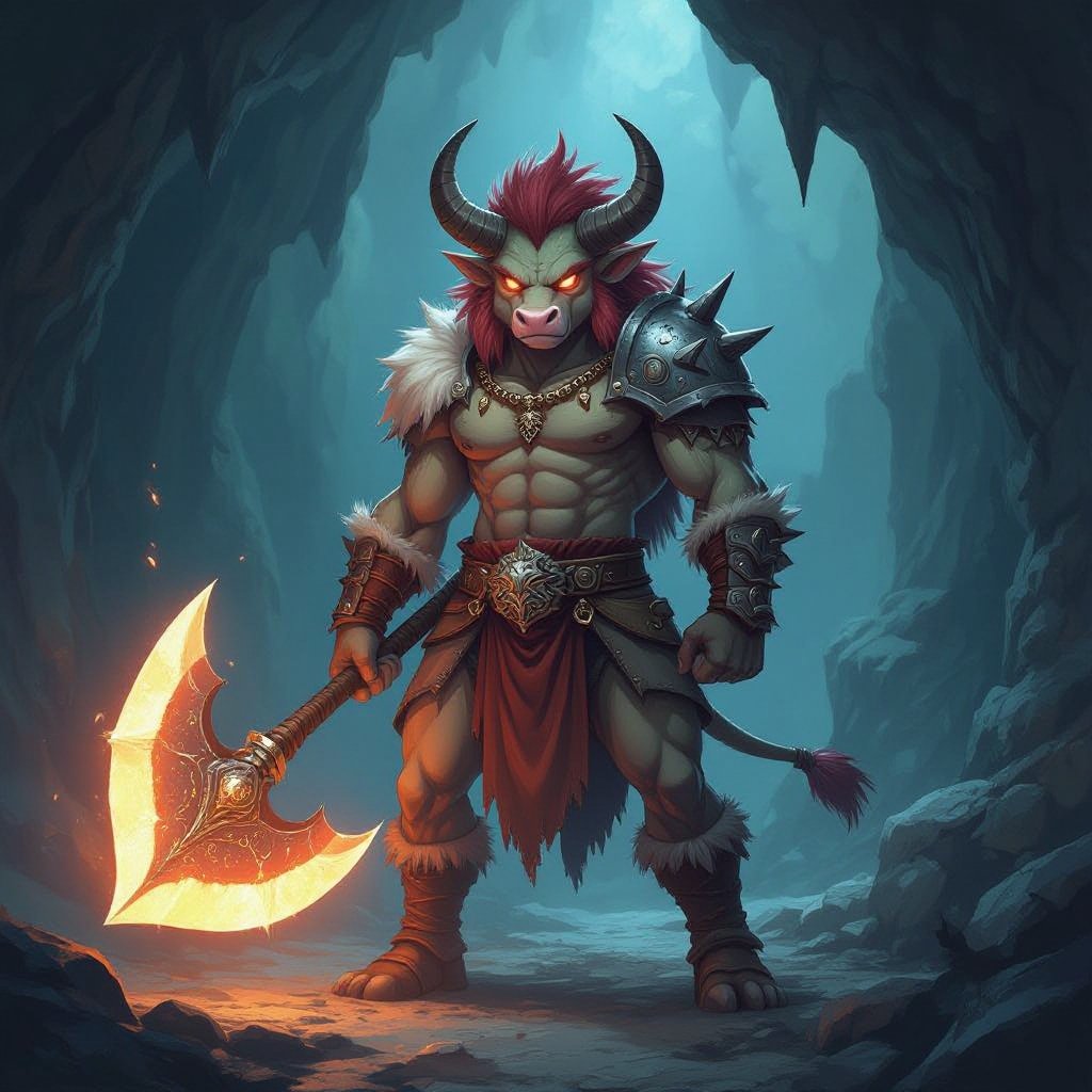 DnD 3.5e Minotaur holding a massive glowing great axe standing alone in a cave