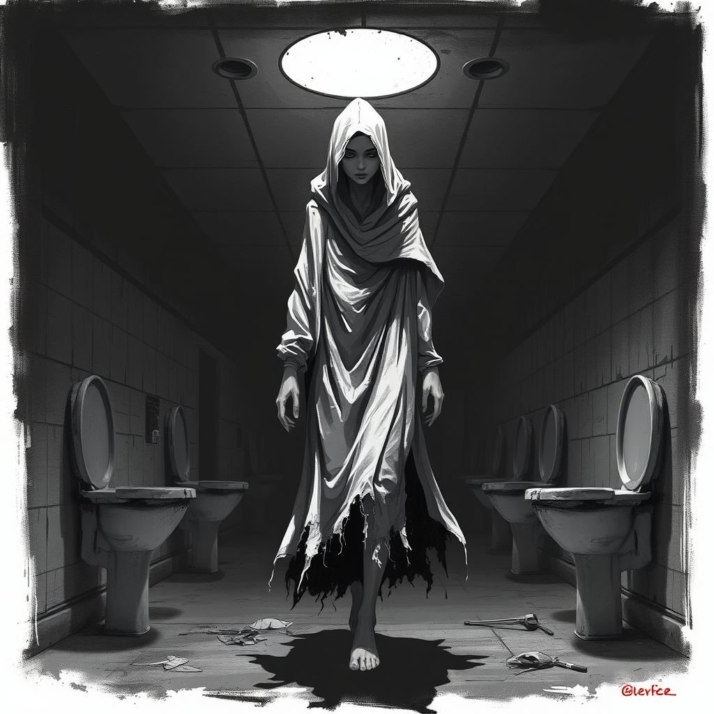 Create this background hall inside was dim, paint peeling in sheets. A metal door led to the cell block. Six cells, all empty. A cracked toilet in each. Rusty bunks, stale air, dust everywhere. No character just background