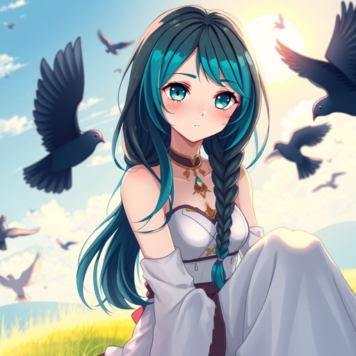 A young female with fair skin and vibrant teal eyes. Black hair with cyan tips in the form of two long braids. Wearing a two-piece goddess outfit (specifically top and trousers) sitting on a hill watching pigeons fly from a very far distance
