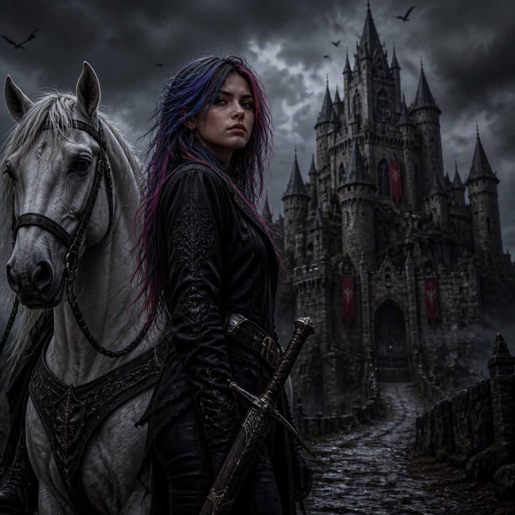 A 17 year old girl who has blue hair with purple and pink stripes and hazel eyes. She looks strong and confident. She is wearing a black jacket and black pants. At her side is a sword is its sheath. She is standing next to a white horse. A huge castle is behind her.