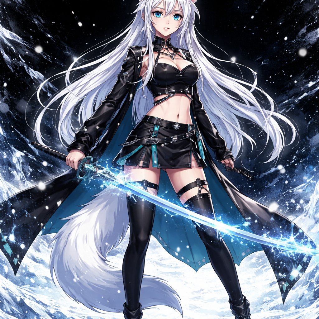 Fully body view anime-style young woman long white hair with small breasts with fox ears and tail. Gothic black and teal full body leather clothes aqua eyes she holds a katana with an ice aura background is that the floor is icy where she stands background mainly black splash art