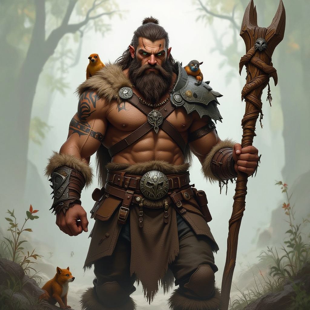 Kael the Beastbound – A rugged, broad-shouldered man with brown skin and a rough beard, wearing armor made from bone and leather. deep green eyes tattoos of animal tracks spiral down his arms. He carries a massive wooden staff carved with the shapes of beasts, and small creatures often perch on his shoulders or follow at his feet.