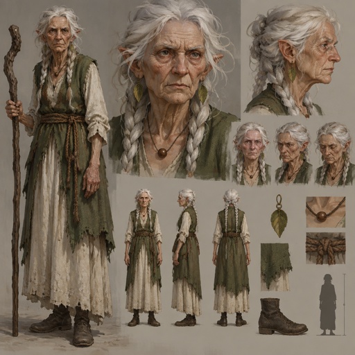 Female, wrinkled, 80s, two braids, messy white hair, skinny, leaf earrings, dress, green vest, brown rope around waist, slightly pointy ears, one bead necklace, serious, concept, face expressions