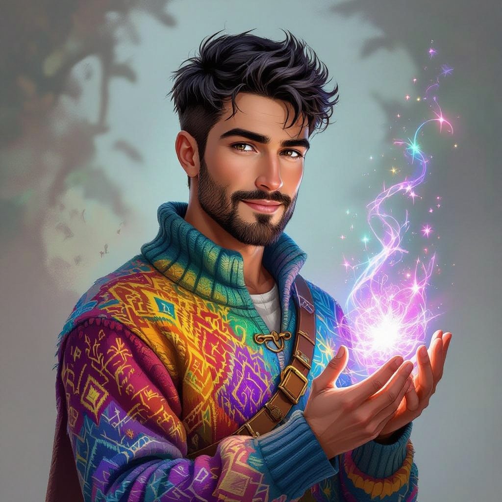 Mężczyzna o krótkich, czarnych włosach, zadbanej brodzie i wąsie w kolorowych sweterku