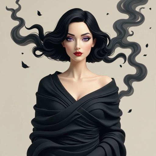 Create A lithe, mysterious woman draped in layered black silks that move like smoke around her. Her jet-black hair is cut sharp to her jawline, and her violet eyes seem to pierce through darkness. Show her head to toe, her whole body.