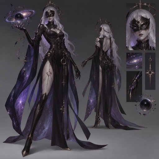 Female Villain with galaxy abilities, mask, African American, Cool outfit, full body