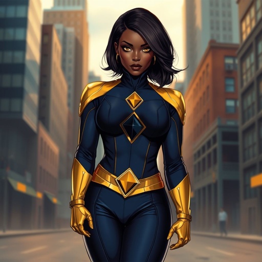 African American female superhero with hair in a shoulder length side part hairstyle with pure Gold Glowing eyes wearing a navy blue and gold suit with navy blue pants and gold knee length boots with a diamond with the top half gold and the bottom half black as her chest emblem in Philadelphia