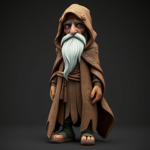 Create old aged character: The Silver-Eyed Wanderer – A tall, long beard hooded androgynous figure with hair that white. piercing silver eyes seem to see both past and present at once. a long, tattered cloak covered in stitched symbols from lands unknown. Show her whole body head to toe including her shoes.