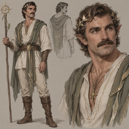 Make a young Tom Sellek into a fantasy fae holy person. Use a sketchy, concept art style, and make him simply dressed in a tunic and linen pants