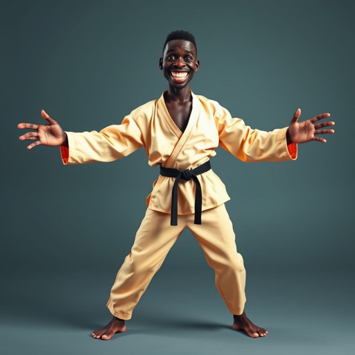 Create a character who looks like a funny African karate guy who doesn’t have a clue what he is doing. Make him have weird toes, only speedos on and a black karate belt. Make him tal skinny and slinky.
