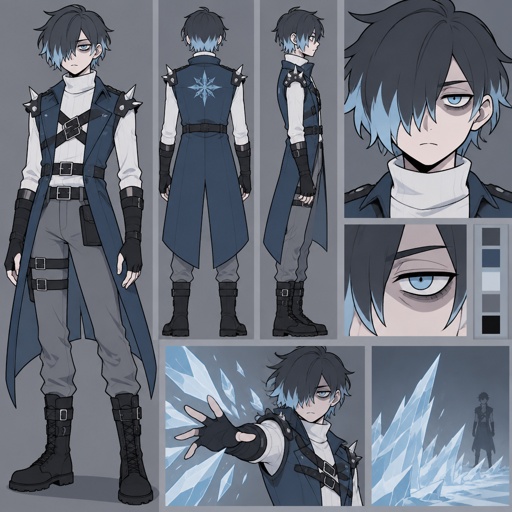 Male, pale, pale blue eyes, eye bags, short dark grey choppy hair with light blue tips hair covering one eye, white turtle neck long sleeves , blue sleeveless short trench coat, long fingerless gloves, grey pants, belts across chest, spiked on shoulders, 35, clean shaven, no emotion, ice powers,  