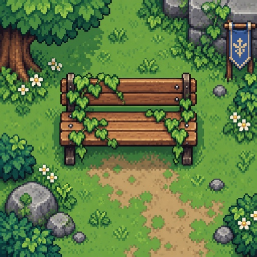 Wooden Bench vines for a modern fantasy game, exterior, top down style, shading and highlights