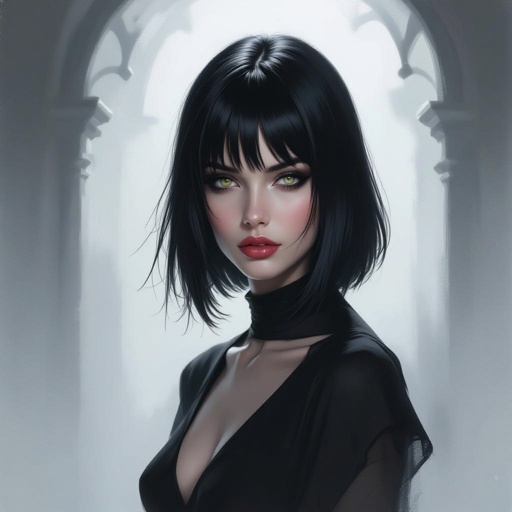 Create mysterious woman jet-black hair is cut sharpand her eyes seem to pierce through darkness. A shadowy aura clings to her form,