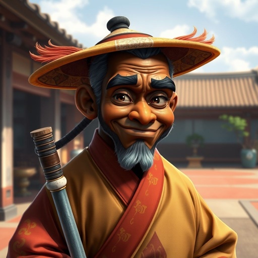 Create a funny looking African sensei. Show the whole character from head to toe and make him serious. 