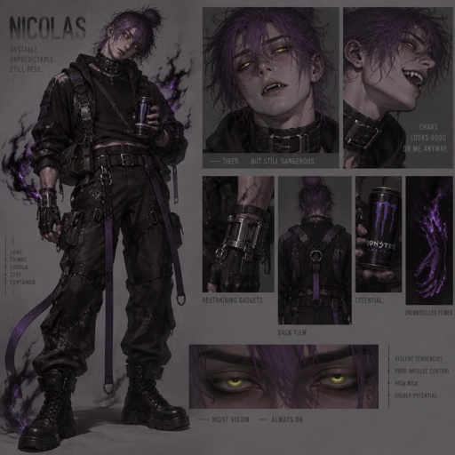Male, name Nicolas middle child, 20s, messy hair in a bun violet,yellow night vision eyes ,clean shaven, sharp teeth,chaotic, unpredictable, unstable, dark deadly powers he’s an experiment,gadgets to keep him in check, is agent know, has hard time getting along with older sister after there parents pasted away, gets into arguments with her a lot,very tired because of job,energy drinks to stay awake,rather have milkshakes