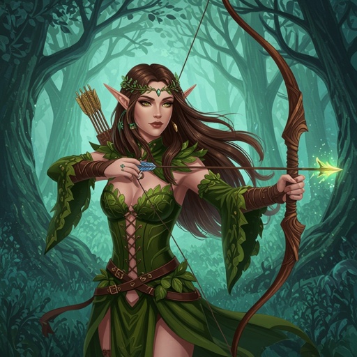 Women tree elf with long brown hair and brown eyes in the woods in a Halloween costume holding a long bow