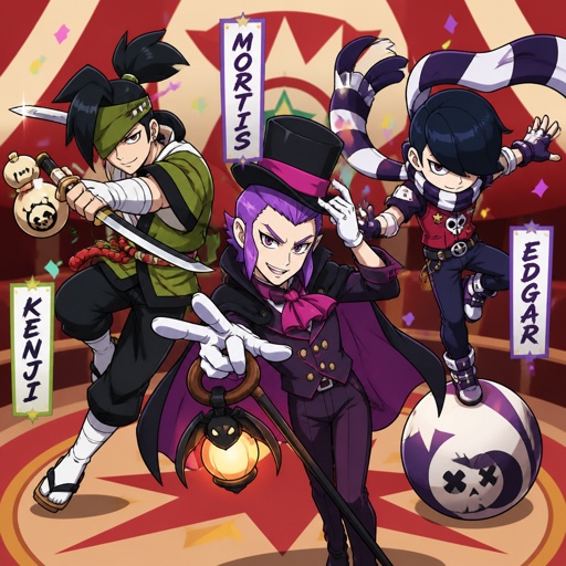 Kenji, Mortis, Edgar from brawl stars in a circus act 