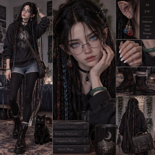 Female, 16, 5’9 in height, long black hair with colorful tips in stitch braids that go down to her ankles, one icy blue eye and one pastel blue, black choker with an obsidian tear drop, a really oversized hoodie, black leggings with jean shorts on top, black boots with red stitched flowers, slightly pointed ears, pale skin, glasses, one jade bangle on one hand, a beaded anklet on one ankle, a cross body messenger bag/satchel, drop down potion earrings, and French tipped medium almond nails