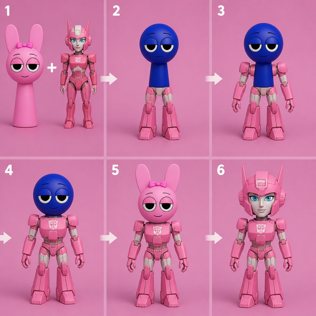 Pinki from Sprunki as Elita One merging her legs onto Jevin from Sprunki and then her arms and then her Body and lastly her head and helmet