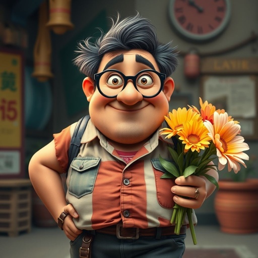 Create a adult character head to toe who is chunky , funny looking but swears he’s a lover boy.