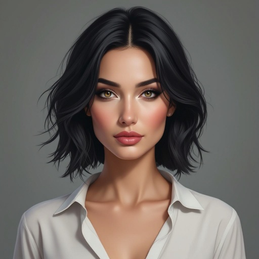 Show character head to toe. Create a mid age mysterious woman jet-black hair is cut sharpand her eyes seem to pierce through darkness. A shadowy aura clings to her form,