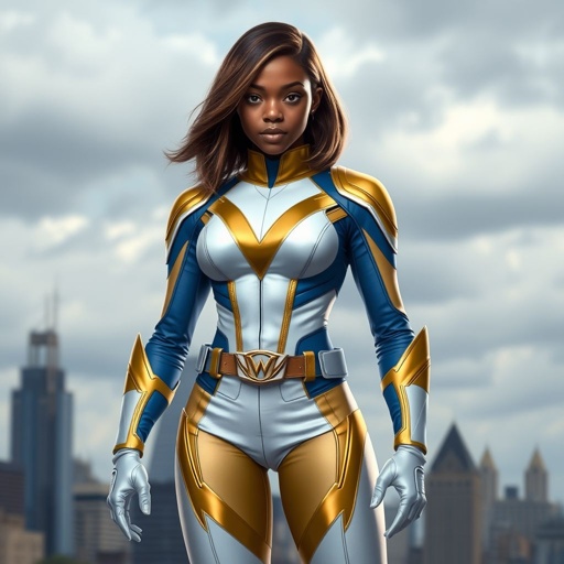 A teenage African American female superhero with hair in a shoulder length side part style wearing a mask wearing a partially leather white and Gold suit with blue accents and a stylized V as her chest emblem a utility belt and silver boots standing in Philadelphia during a cloudy day