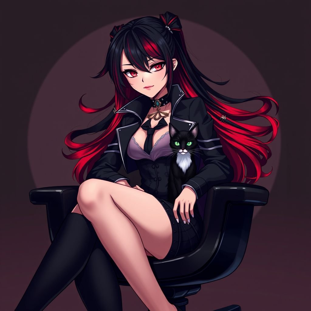 A villain girl wearing a baddie outfit. Her hair is black with tints of red. She is petting a tuxedo cat on a black Rollie chair.