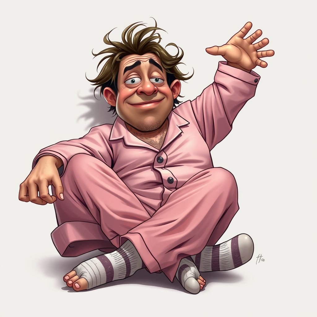 Create a adult humor character who is lazy as heck. And you could tell from his face and his entire outfit. Make is funny and the style of the graphic photographic