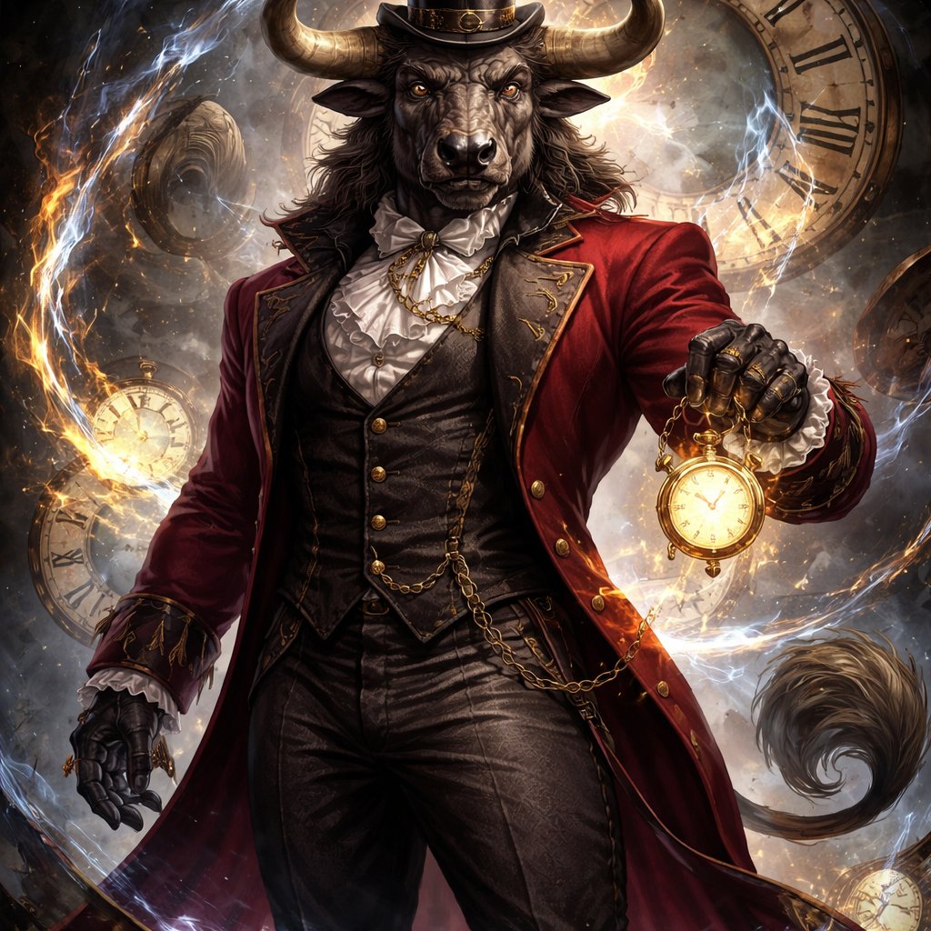 A male Minotaur that’s 6 1/2 feet tall and His Key Features are. Head looks like a cross between Cretan bull and a human with deep set cattle like brown eyes, large powerful gleaming curved horns like his fathers, the Body is avwell~proportioned figure, Tail is long, the Skin/Fur is a captivating silvergrey-brown He works at freak show as the ringmasters, his outfit consists of a crimson tailcoat, frilly shirt, stunning blazer, pants and top hat. His abilities are Reality Rejection, Time Manipulation (Chronokineses), Zoolingualism (Language of Cattle only), Human Speech. His mother is a human with half-animal (Cretan Cattle) physiology and his father is a Cretan Bull.